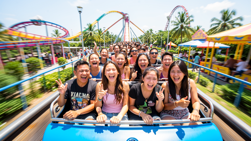 Amusement park overview with rides and visitors
